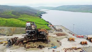 A partially dismantled oil rig lies on the shore outside Lerwick in the Shetland Islands, in 2021. Photo: William Edwards/AFP/Getty