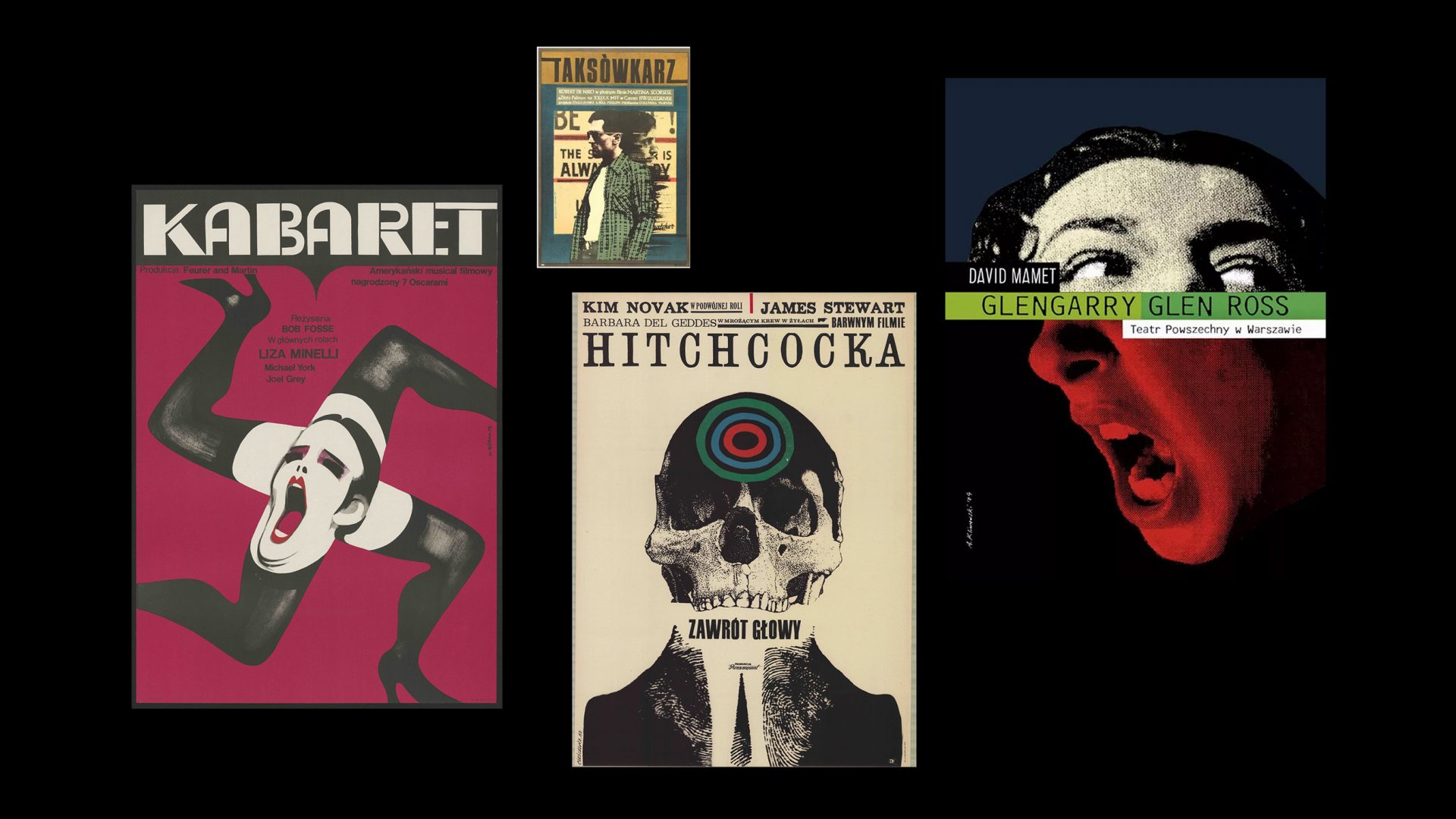 Polish film posters for Cabaret, Taxi Driver, Vertigo and Glengarry Glen Ross, designed by Wiktor Gorka, Roman Cieślewicz and Andrzej Klimowski. Images: Kinoteka