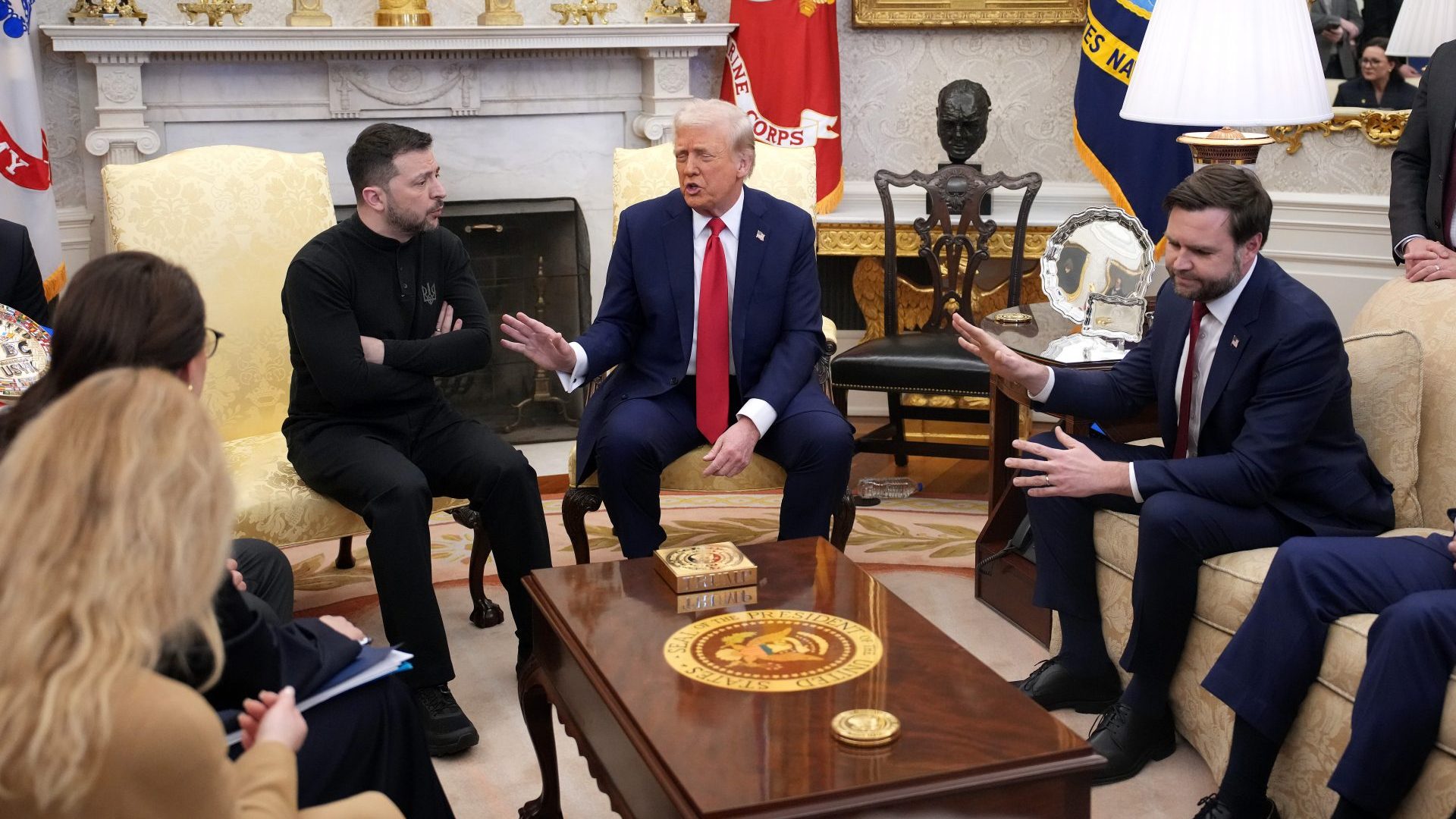 Donald Trump and vice president JD Vance meet with Volodymyr Zelensky in the Oval Office. Photo: Andrew Harnik/Getty Images