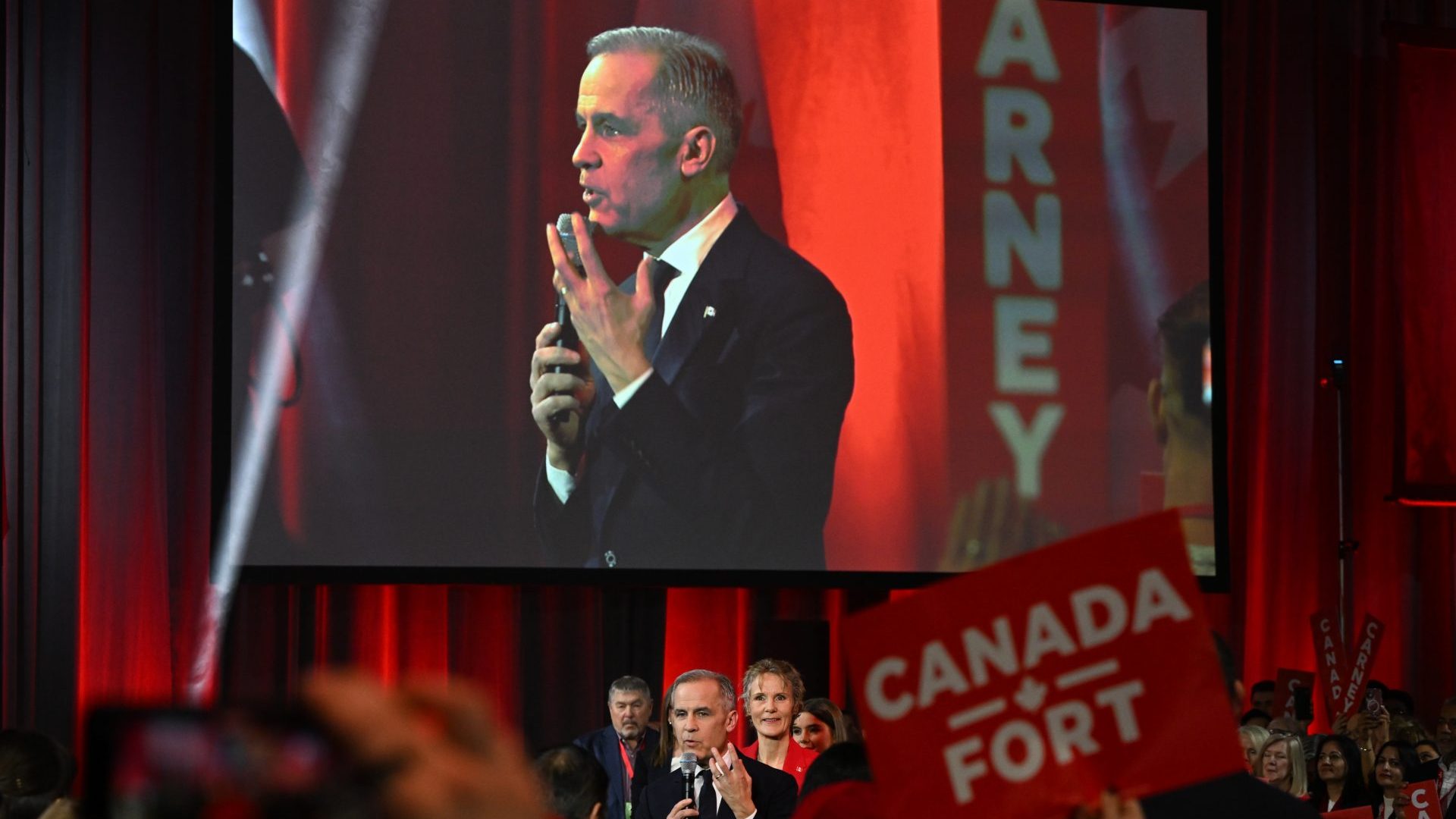 Mark Carney, winning candidate in the Liberal Leadership race, takes the stage. Photo: Artur Widak/NurPhoto via Getty Images